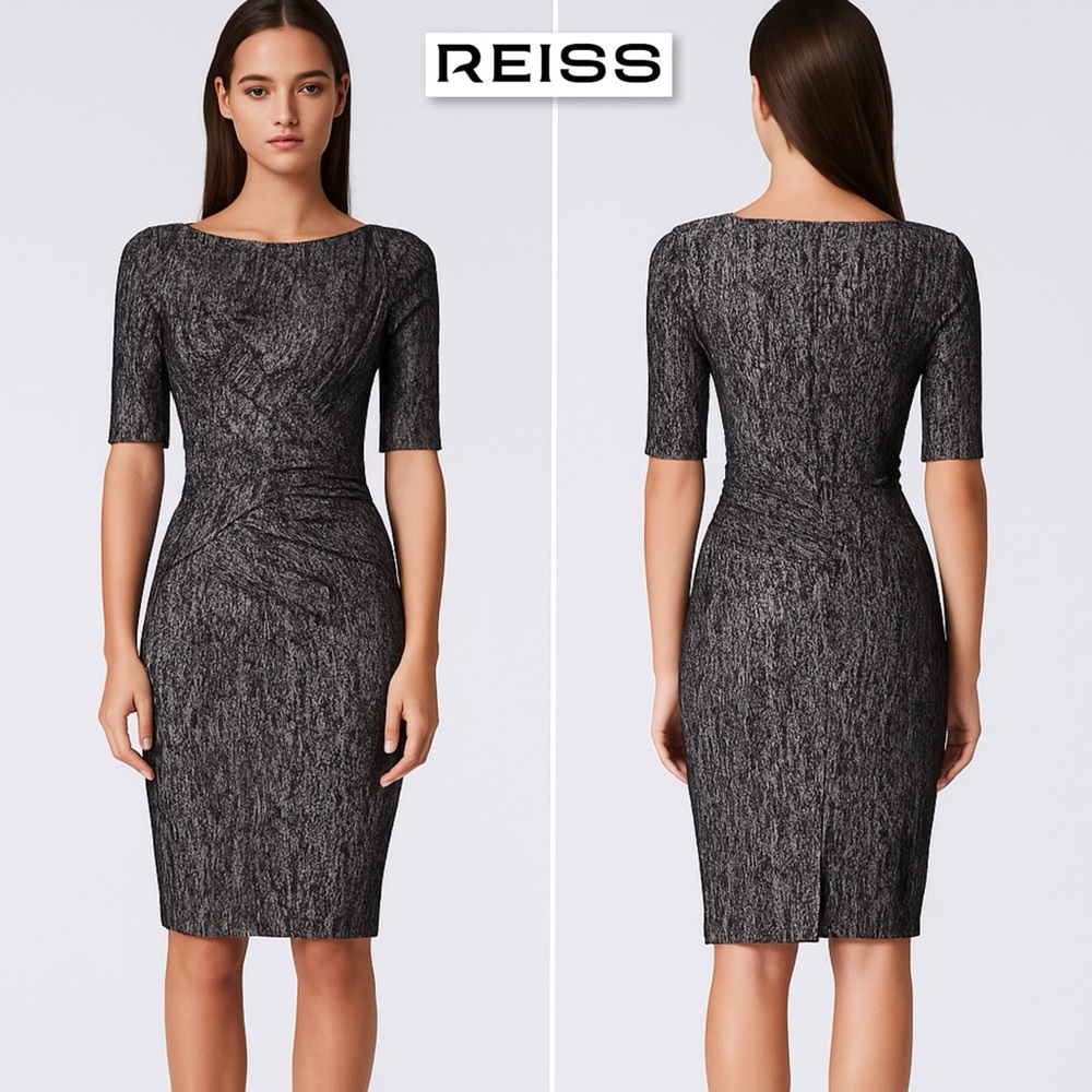 REISS Levanto Draped Metallic Dress Gray Black US 4 Ruched Retro Cocktail Sheath